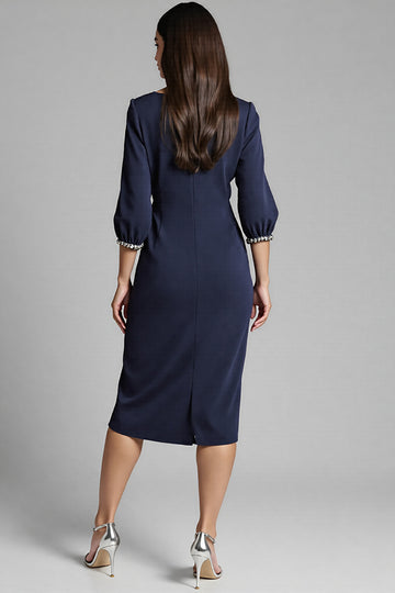 Navy V-Neck Sheath Midi Dress with 3/4 Sleeves